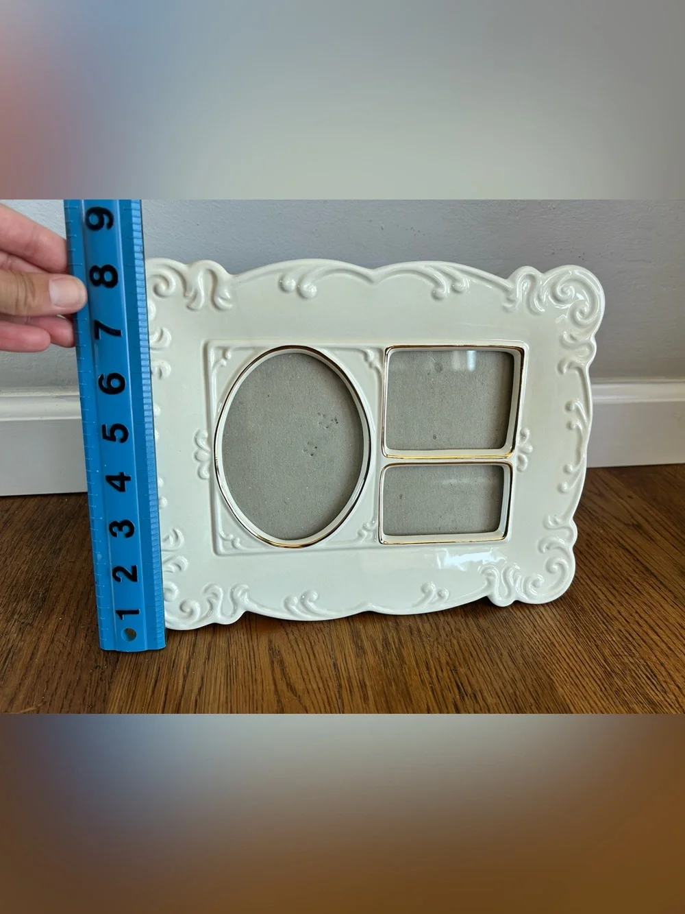 Vintage White Ceramic Collage Frame | Gold Trim, Embossed Scrollwork, Triple Pic